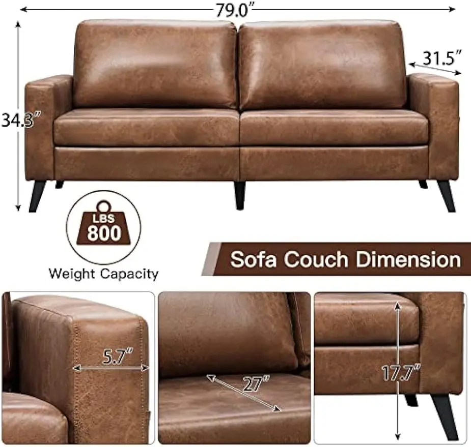 Sofa Couch for Living Room, Small Couches, Faux Leather Loveseat, Mid Century Modern Sofas, Brown Comfy Love Seat for Bedroom, A