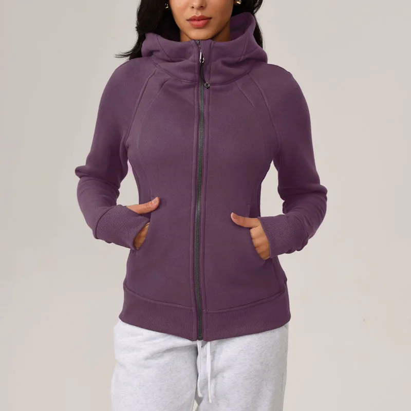 سترة رياضية خارجية دافئة من الصوف للنساء بسحاب أمامي ضيق للتخسيس مناسب للشتاء الحراري واليوجا واللياقة البدنية معطف بقلنسوة