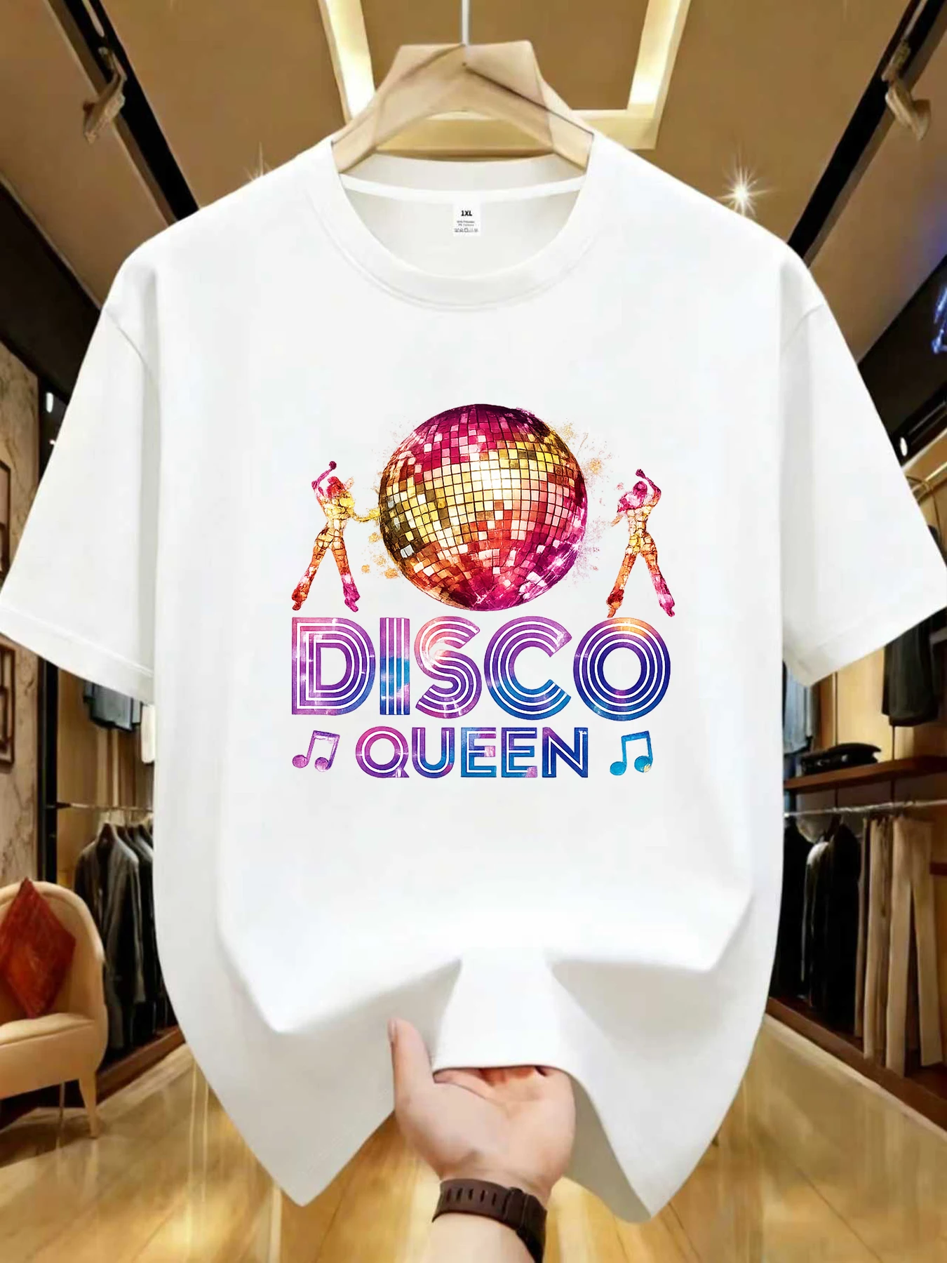 

【WZM104140】Женская футболка больших размеров с диско-принтом, круглым вырезом, летняя, повседневная, с короткими рукавами, в уличном стиле, универсальная, больших размеров.