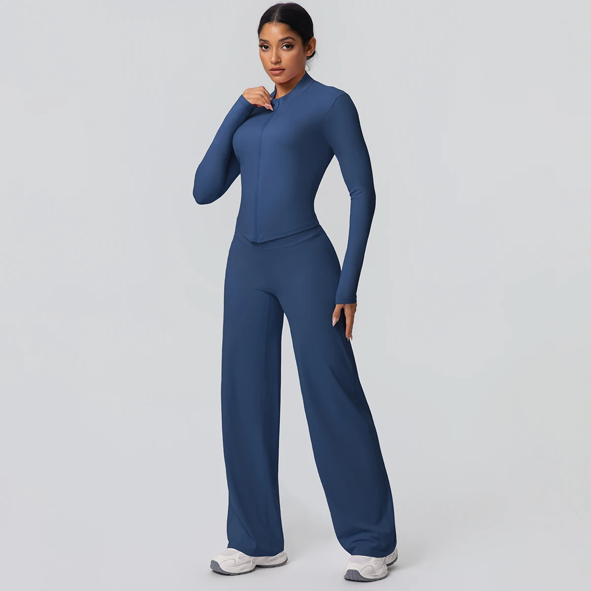 2 stück Schnell Trocknend Sport Fitness Kleidung Yoga Set Frauen Yoga Zipper Lange Ärmel Hohe Taille Atmungsaktive Breite Bein Hosen set – Detail 22