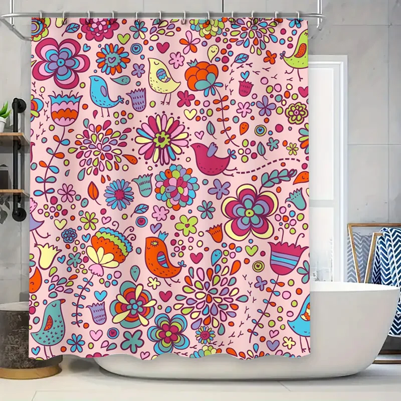 

Яркая цветочная занавеска для душа, водонепроницаемый декор для ванной комнаты с птицами и цветами для детской комнаты, розовый, синий, размер 60 x 72 дюйма, простая установка