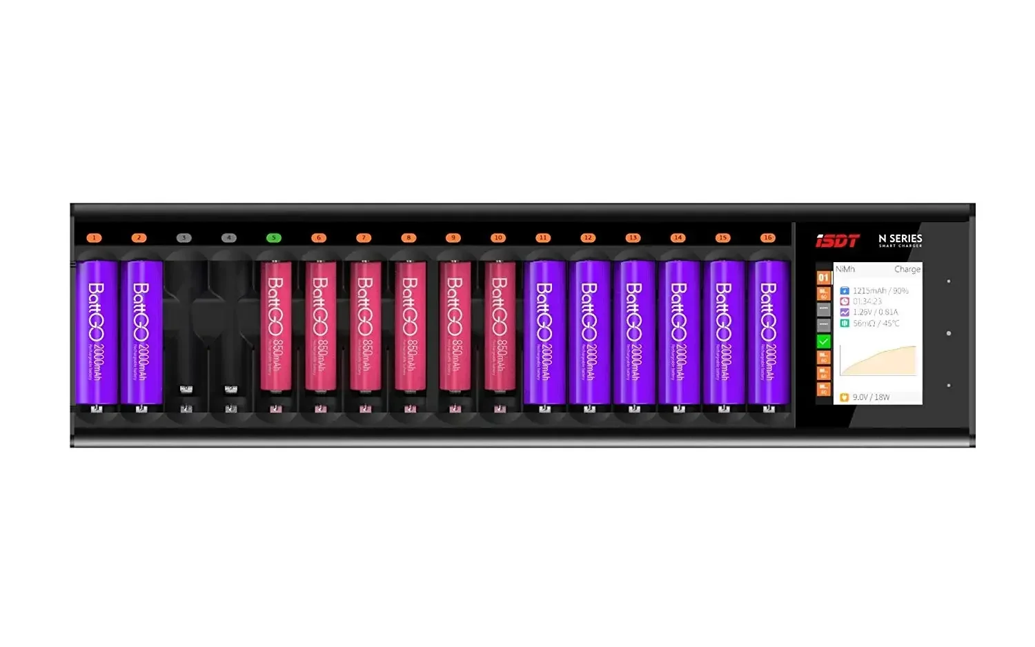 ISDT N16 16-Slot Smart Battery Charger 36W 1.5A LCD Fast Charge Support AA AAA Li-ion LiHV LiFe NiMH NiCd NiZn Cells