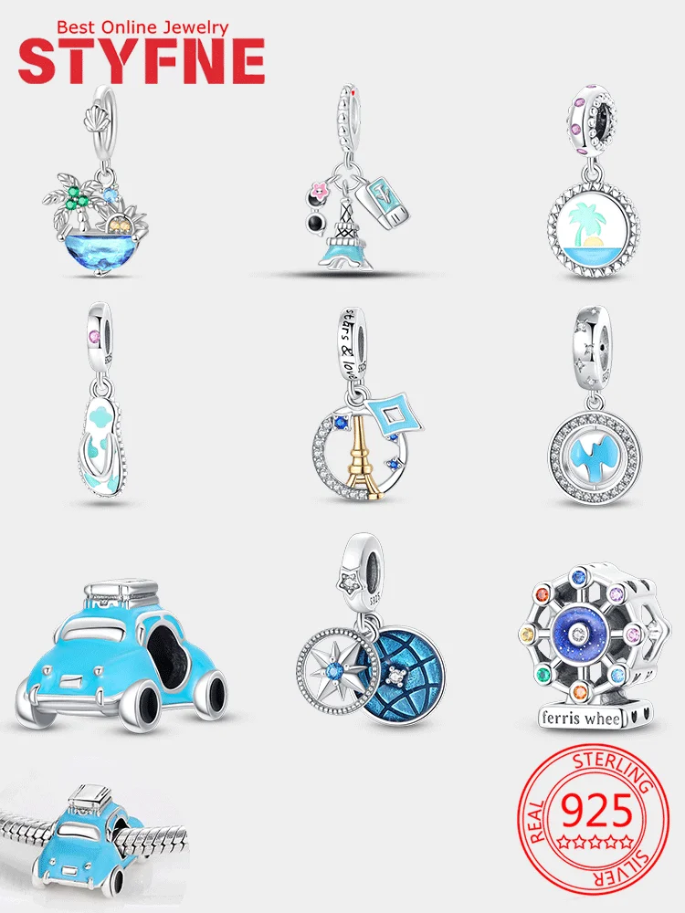 

925 Silver Charms Holiday Series Seaside Coconut Slippers Car Ferris Wheel Beads Pendant Fit Diy Bracelet Women Jewelry Gifts
