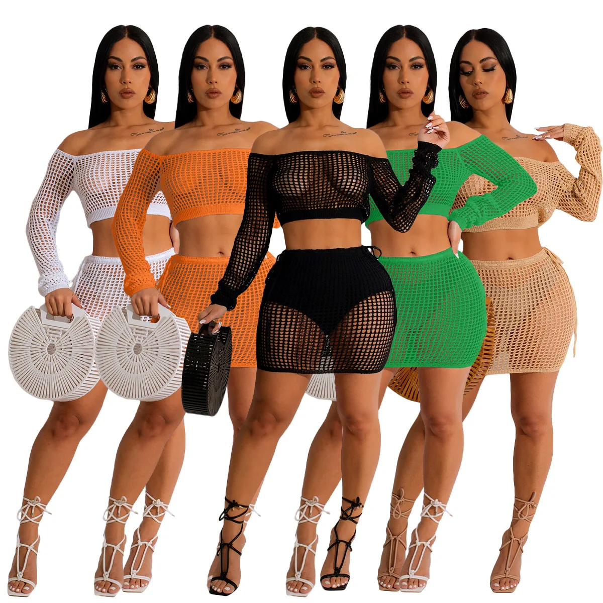

Summer Sexy Off Shoulder Women Knitted Set Two Pieces Crop Top Skirt Crocheted 2 Pieces Set Hollow Out Beach Knitwear
