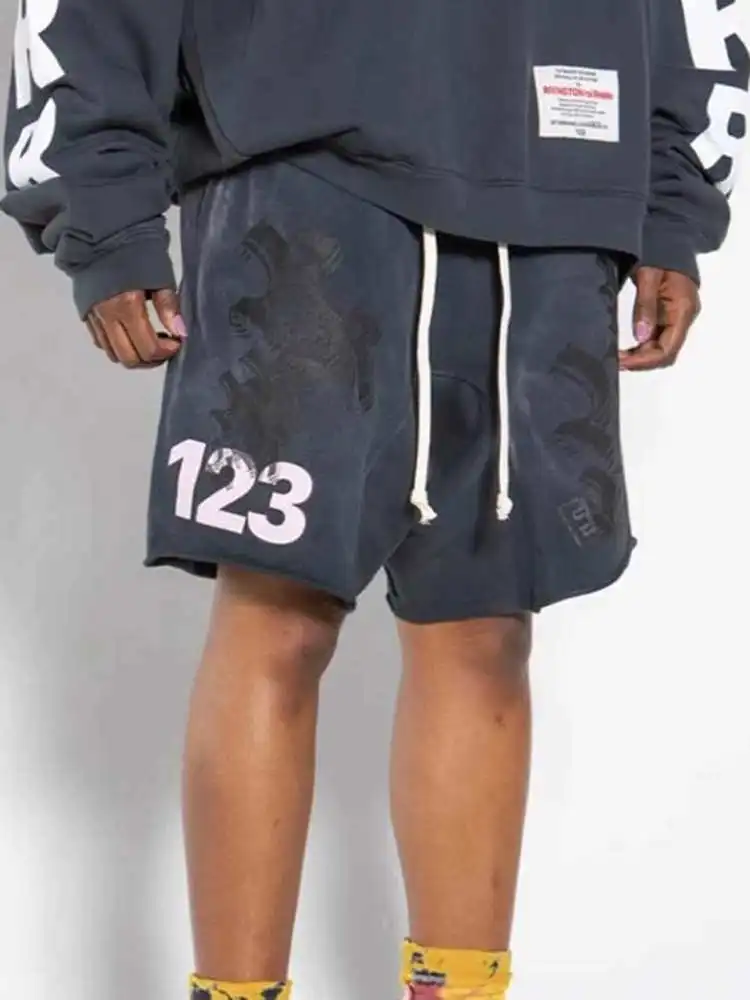 

Retro RRR 23 Heavyweight Waed orts with Sanskrit Letter Print ex Spor Casual INS Sle mid Waist Elastic Waisand
