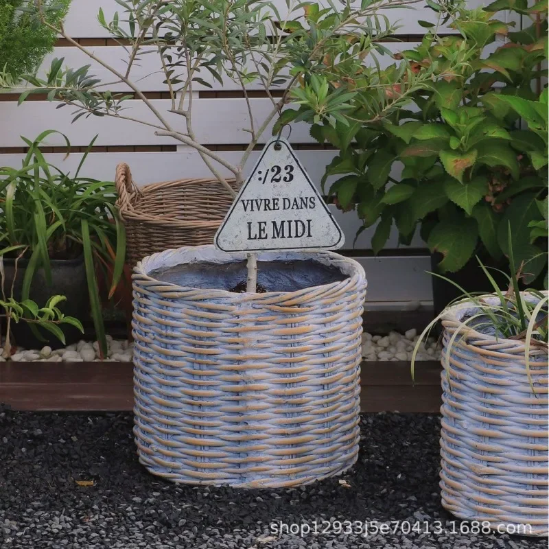 Old floor imitation rattan breathable flower pot outdoor courtyard garden decoration magnesium oxide ornament crafts