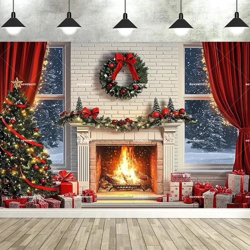 Imagen 2 del producto Fondo navideño con estampado de rocío, ventana de nieve, ventana de madera navideña, fondo de chimenea nocturna de luna llena, pancarta para fiesta navideña