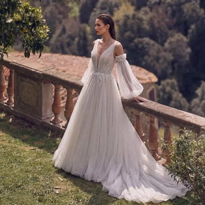 

Romantic Boho Bridal Gown Deep Plunge V-Neck Detachable Tulle Puff Sleeves Floral Lace Appliqués Glitter Tulle A-Line Customiz