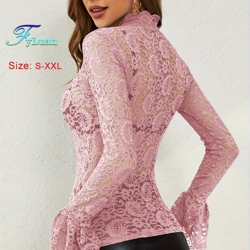 2025 nova sexy camiseta de renda feminina meia gola alta manga alargamento oco pulôver dentro juntar usando fora feminino magro topo