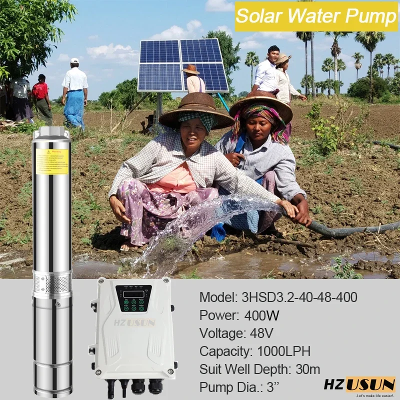 HZUSUN 30M 0.5 HP DC Solar Submersible Water Pump with Controller Price Solar Powered Well Pumps for Drinking Water Tower Supply