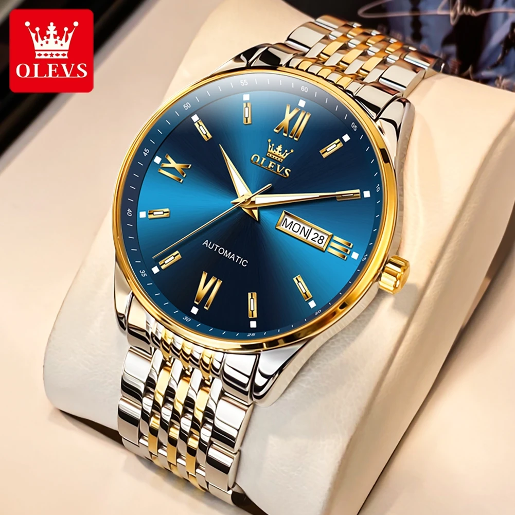 

OLEVS Brand Luxury Mechanical Watch for Men Stainless Steel Waterproof Luminous Hands Week Calendar Fashion Blue Mens Watches