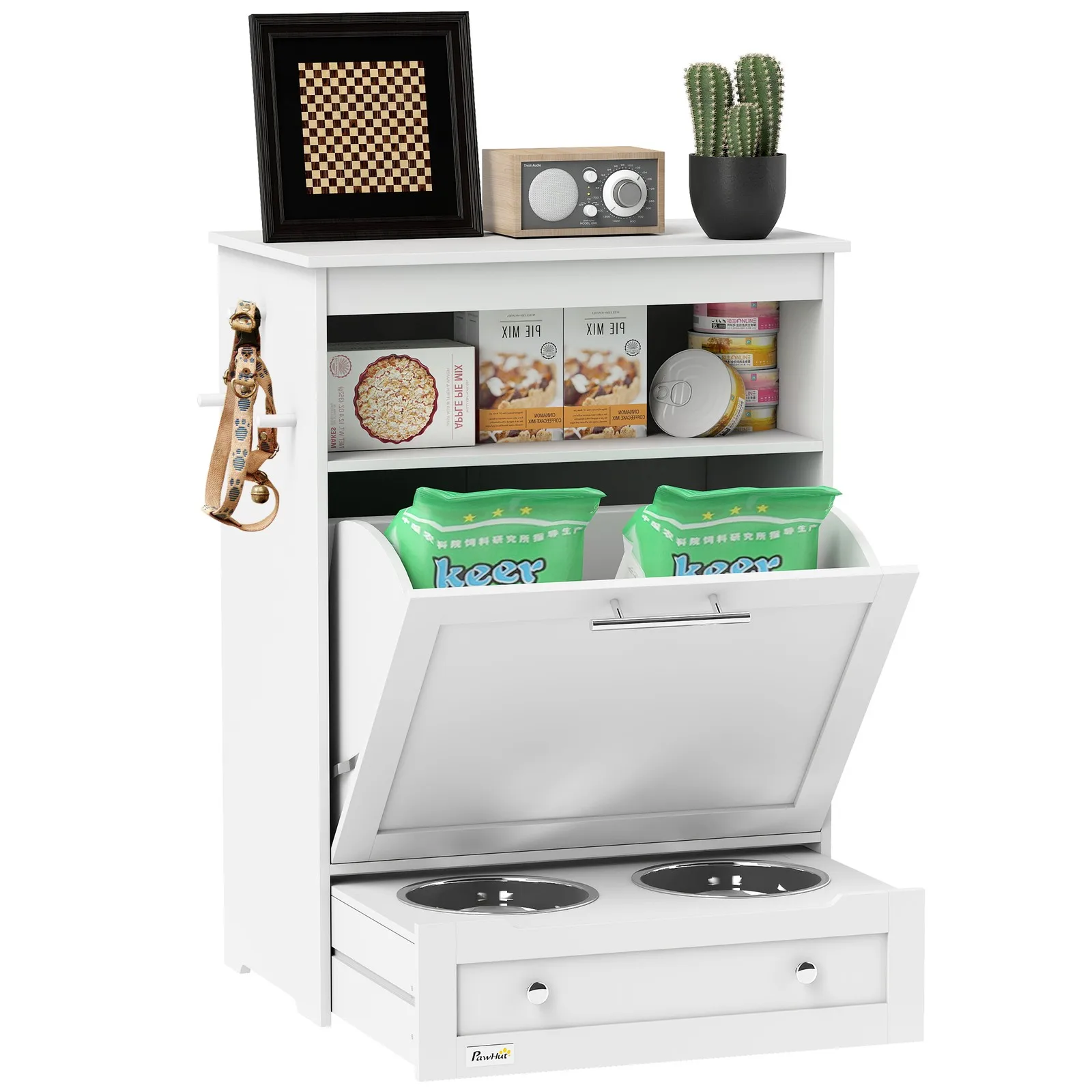 Estación de Alimentación para Mascotas, Mueble para Almacenamiento de Comida para Perros y Gatos, Color Blanco