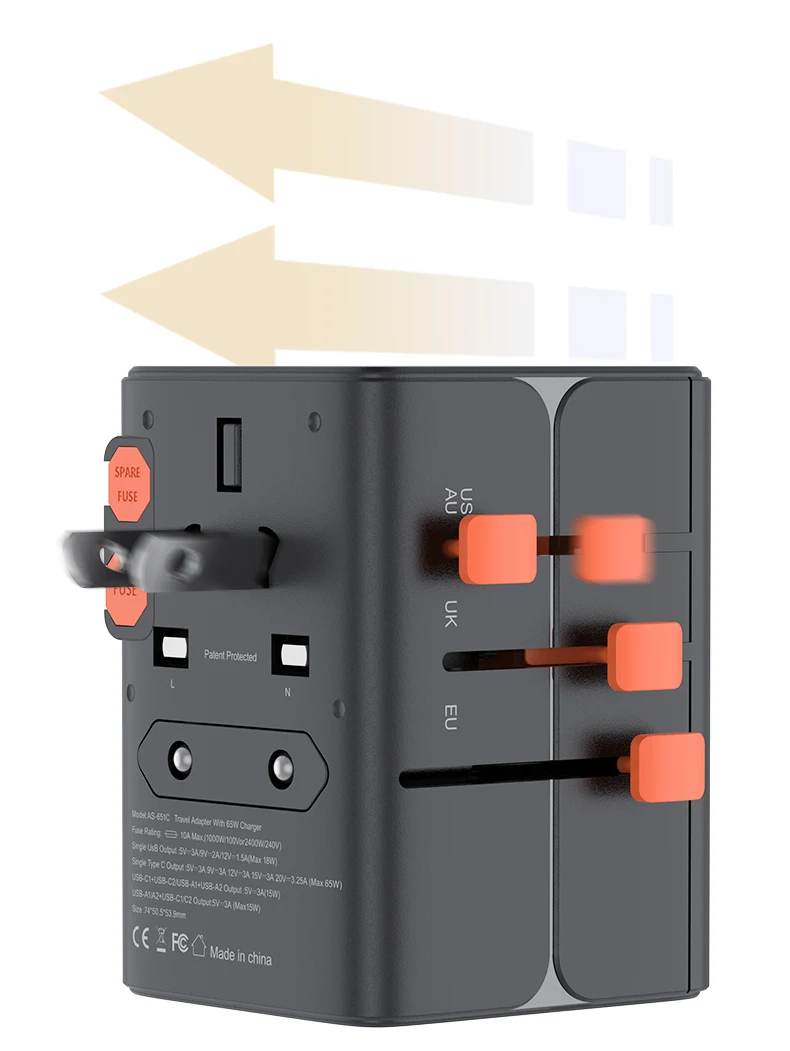 Universal Travel Adapter with 4 AC Outlets Max 2400W 2 USB Port 2 Type-C PD 65W Ports All-in-One Fast Charging EU UK US AUS Plug