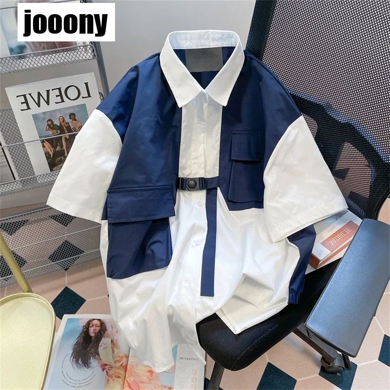 

Японские винтажные летние повседневные мужские рубашки с контрастными вставками, отложным воротником и эффектом двухслойности