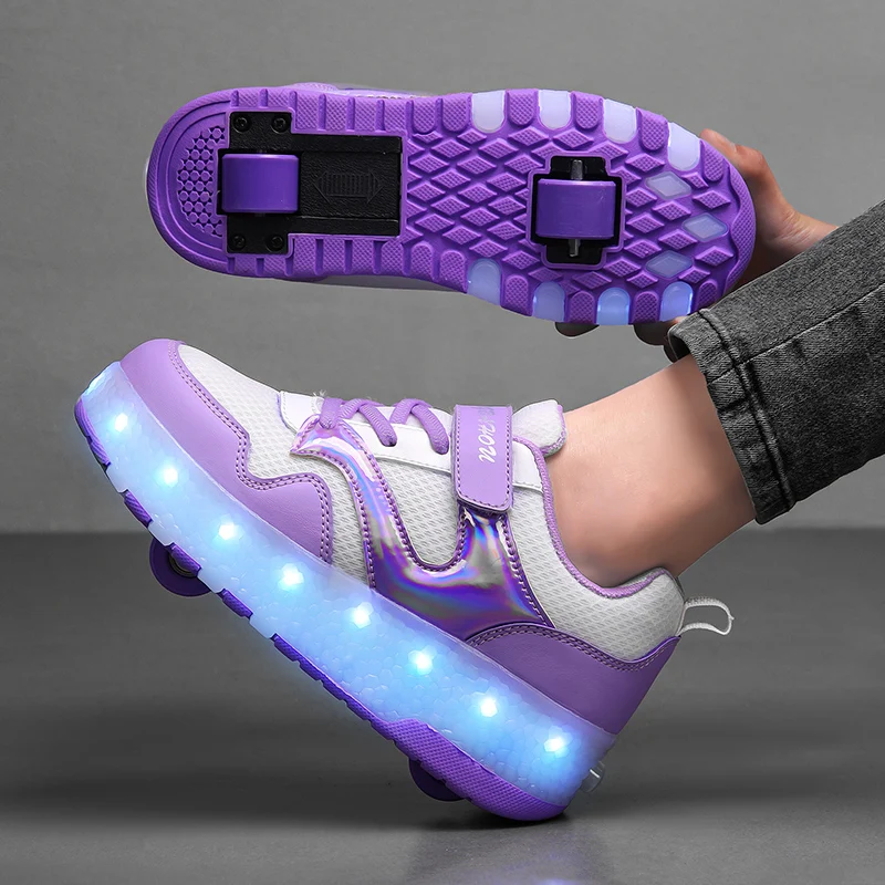 Purple Fashion Girls Boys LED Light Roller Skate Shoes for Children Kids Sneakers with Wheels Two Wheels Sneakers for Boys Kids