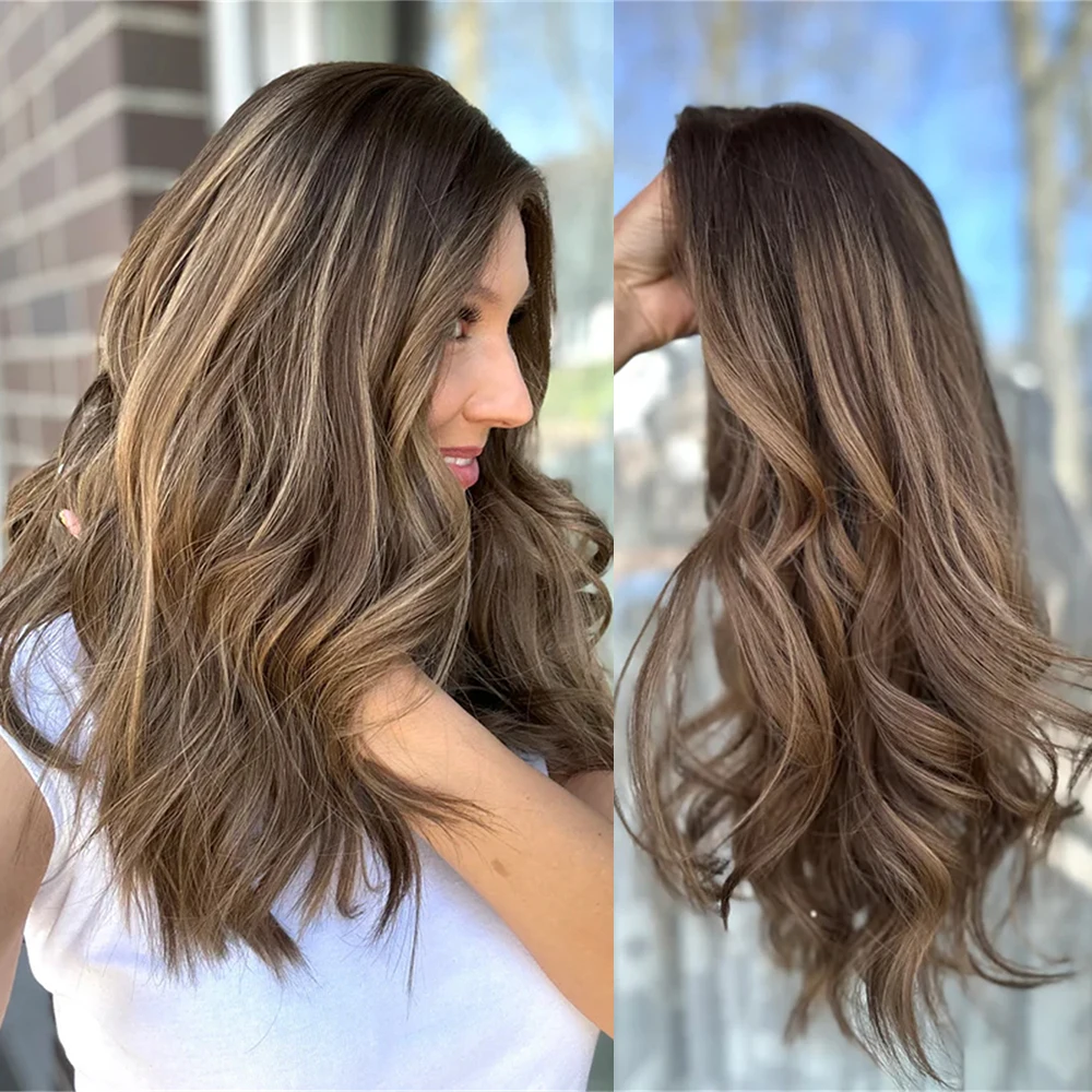 

Brown Blonde Highlights Synthetic Wig for Women Shoulder Wave Bob Wig Daily Party Heat Resistant Fibre Brunette Lace Front Wig