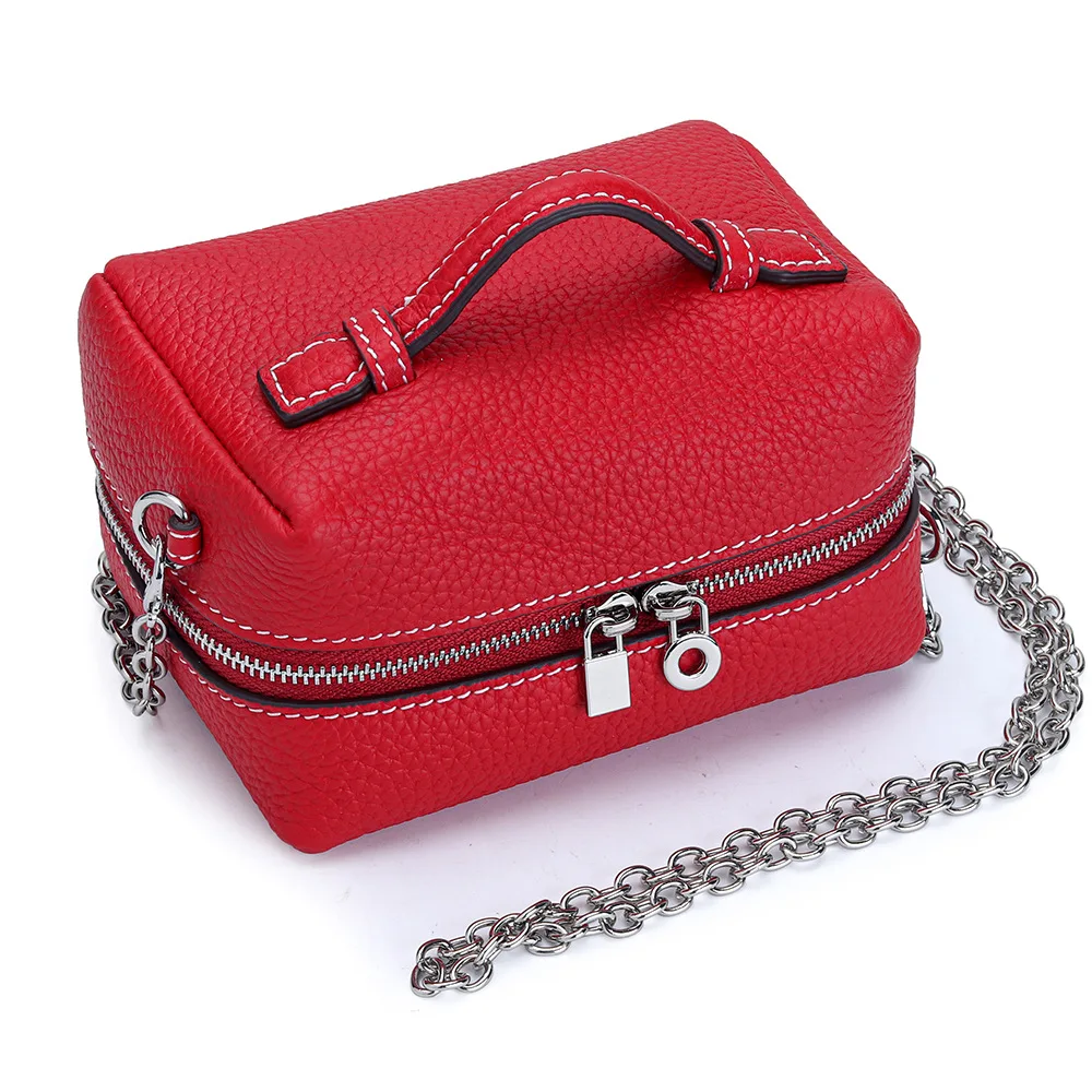 Women's Durable Genuine Leather Mini Bag Chain Strap Zipper Lock Closure Handheld Crossbody Bag Daily Toiletry and Makeup Bag