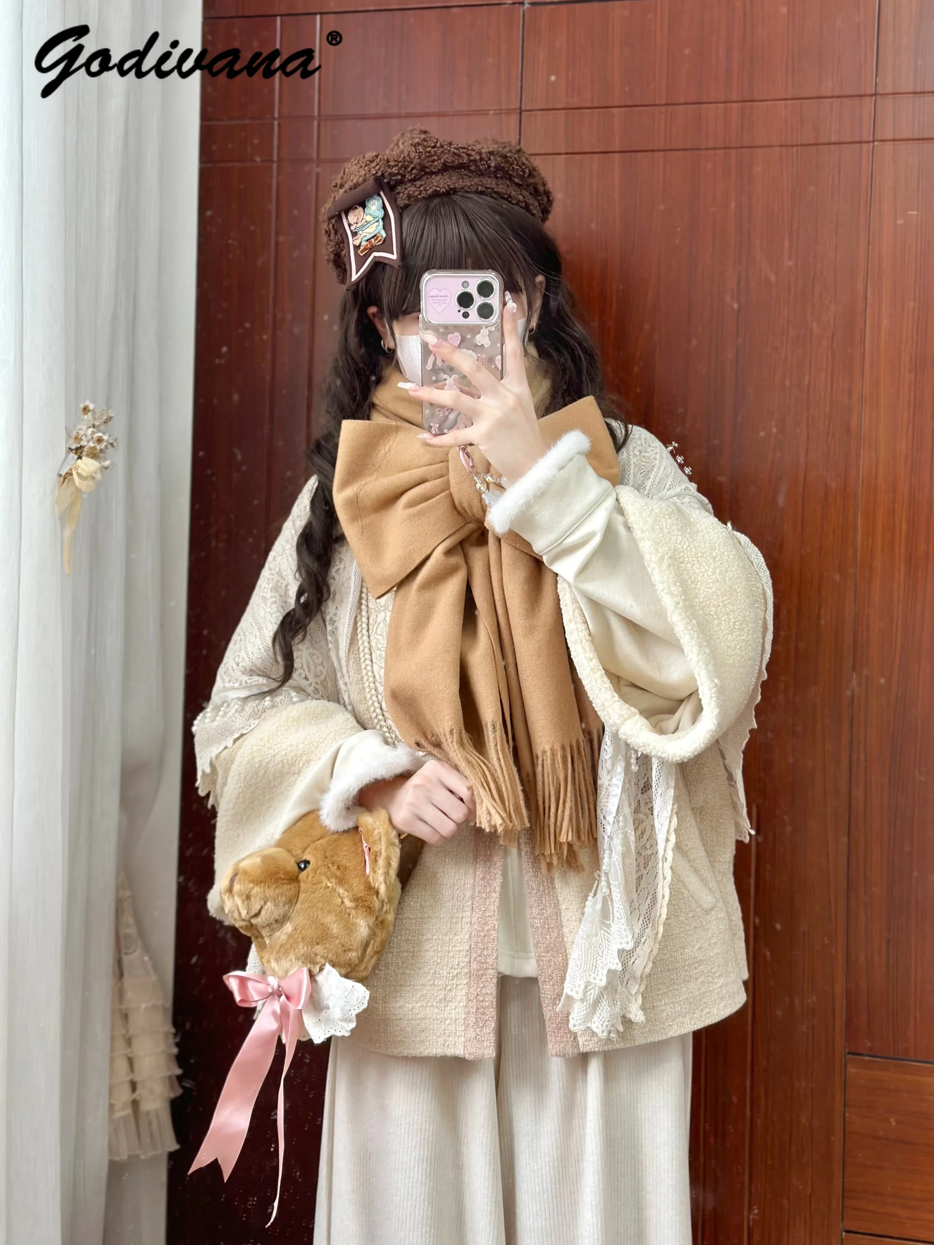 Original New Winter Cute Girls Bow-free Scarf Solid Color Soft Warm Cashmere Student Female Tassel Fur Ball Scarf for Women