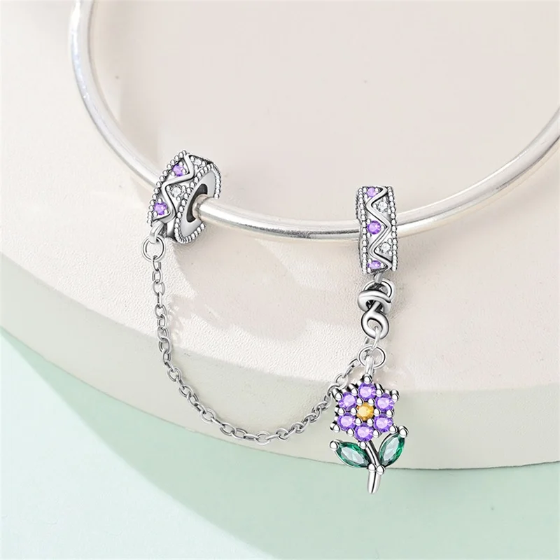

New 925 Sterling Silver Sparkling Purple Flower Safety Chain For Women Fit 3mm Original Bracelet Anniversary Jewelry Gifts