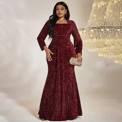 Women Luxury Party Dresses Plus Size Long Sleeve Square Neck Sequins Red Elegant Dress Temperament Fashion Lady Evening Dresses