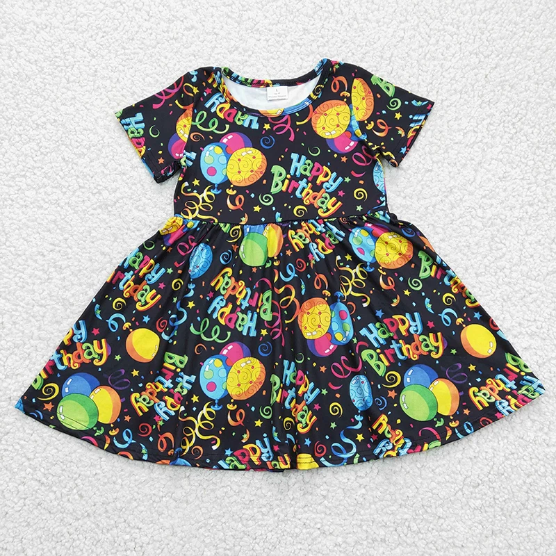 

Baby Girl Happy Birthday Twirl Dress Short Sleeves Balloon Clothing Children Infant Wholesale Boutique Toddler Clothes
