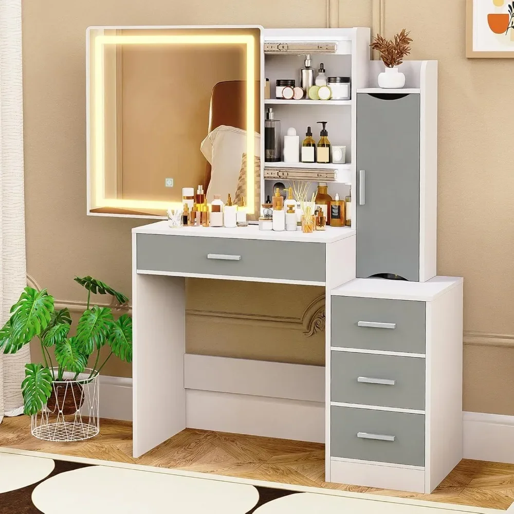 Makeup Vanity Desk, Makeup Vanity Table with Sliding LED Lighted Mirror, Vanity Table with 4 Drawers & Cabinet, Dressing Table