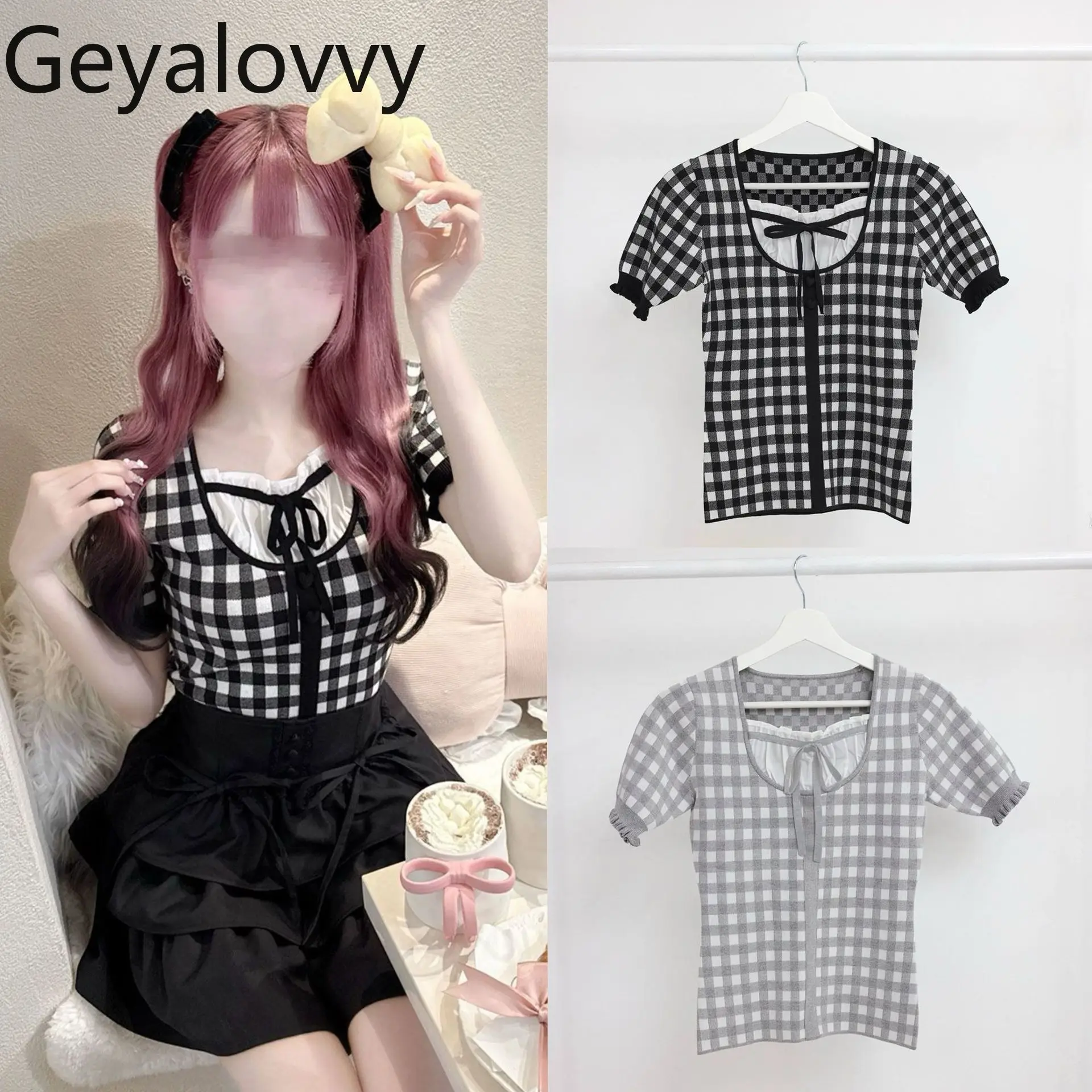 

Japanese Lace Stitching Black White Plaid Short-sleeved Knitted Tshirt 2025 New Fashion Commuter Niche Design Mine T Shirt Women