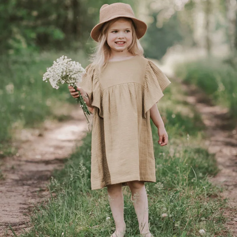 

Fashion Solid Girls Casual Dresses European Style New Kids Dresses for Girls Cotton Linen Children Girl Dresses 1-7 Years