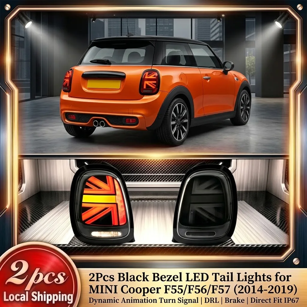 2 szt. Czarne tylne światła LED z ramką do MINI Cooper F55 F56 F57 Hatchback Convertible 2014-2019, z certyfikatem E-Mark, dynamiczne sekwencyjne światła kierunkowskazów, światła do jazdy dziennej,