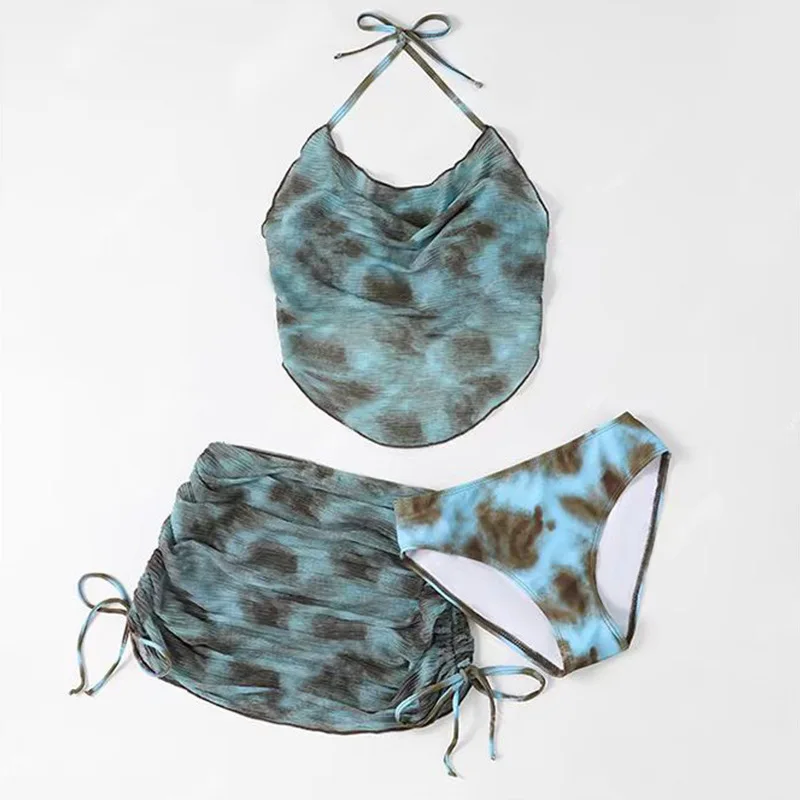 sexy Korean fashion tie dye print halter tie bikini sets 3pcs swimsuit with drawstring wrinkled mini skirt swimwear bathing suit