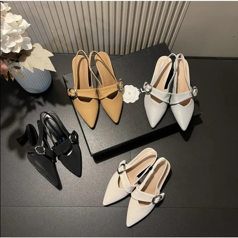 

2025 Summer New Black Baotou Sandals Thin with Female Temperament Socialite Pointed Head Shallow Mouth After Empty Single Shoes