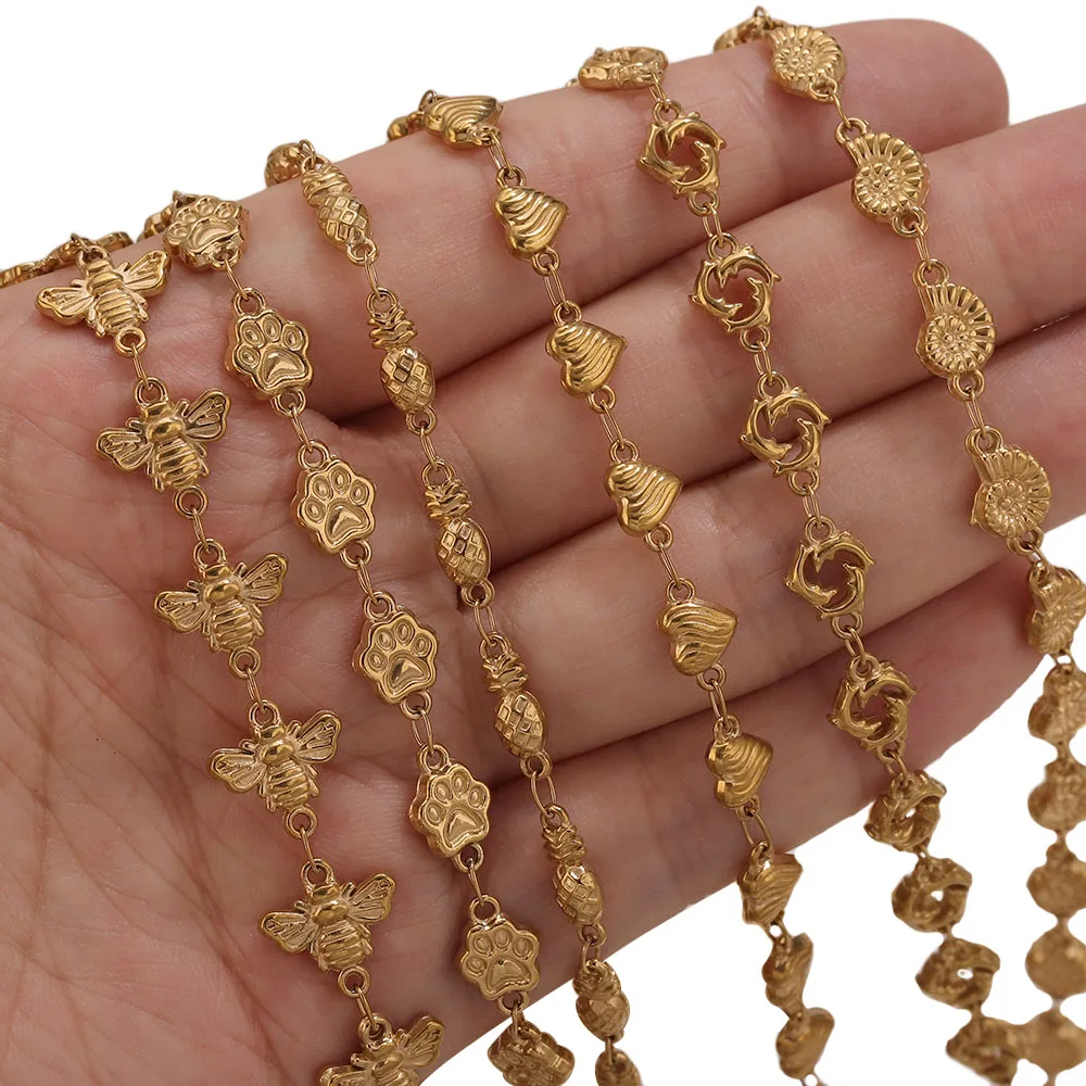 1M PVD Gold Stainless Steel Heart Star Flower Link Cable Chains DIY Jewelry Making Necklace Findings Body Chain Bulk Wholesale view 3