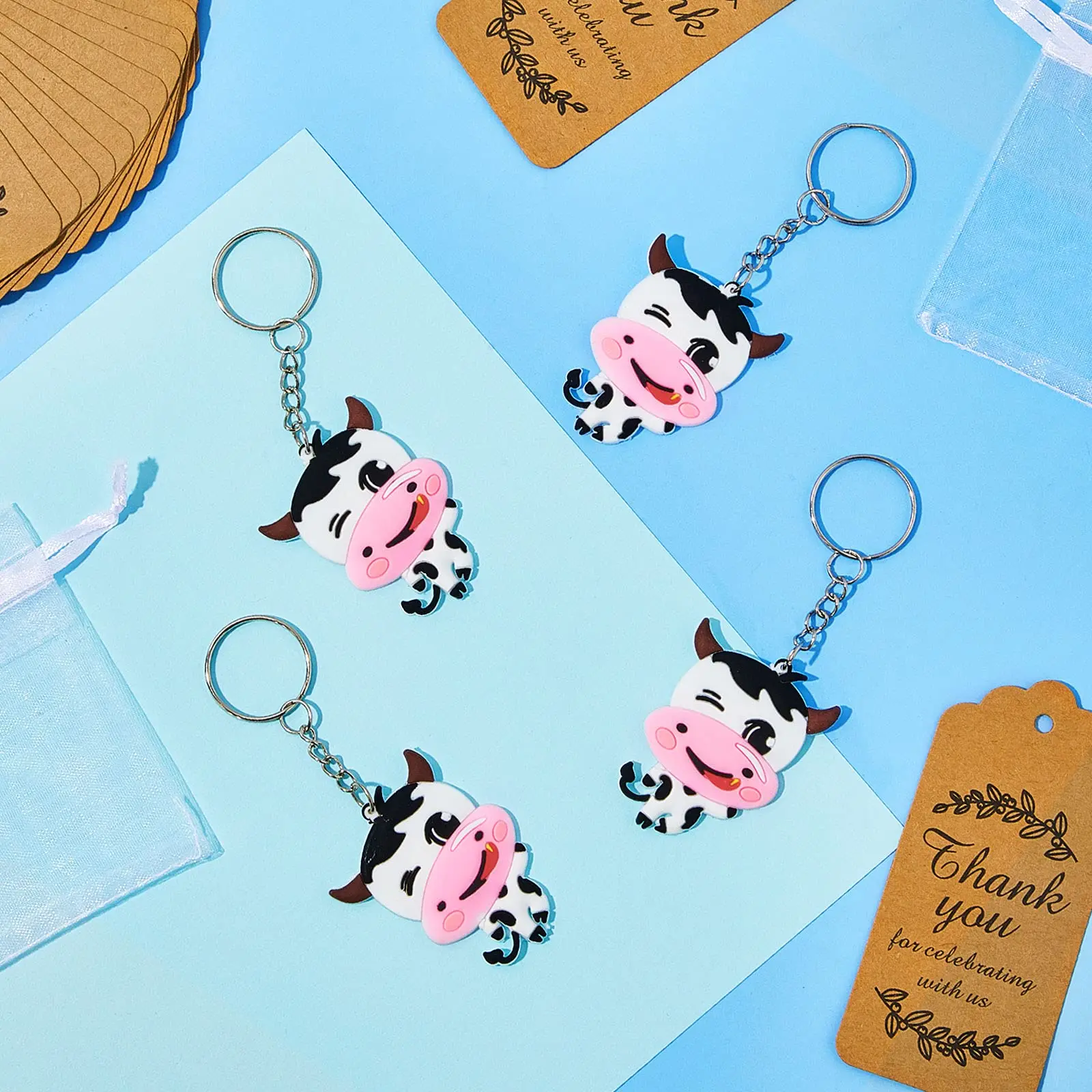 30 Pack Dairy Cow Party Return Favors with 10 Cow Keychain, 10 Thank You Tags and 10 Gift Bags for Cattle Farm Animal Party