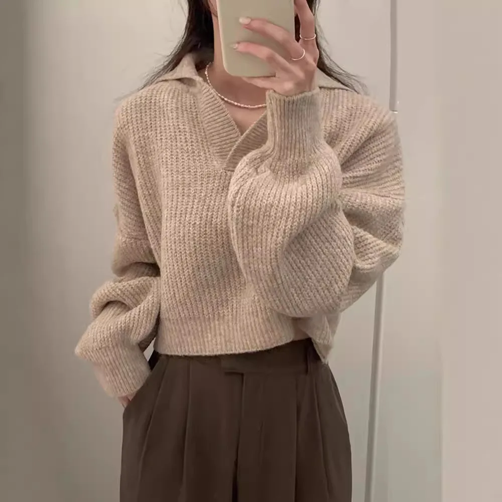 Niche Lazy Style Half Open Collar Soft Sticky Loose Casual Versatile Long Sleeve Knitted Sweater for Women