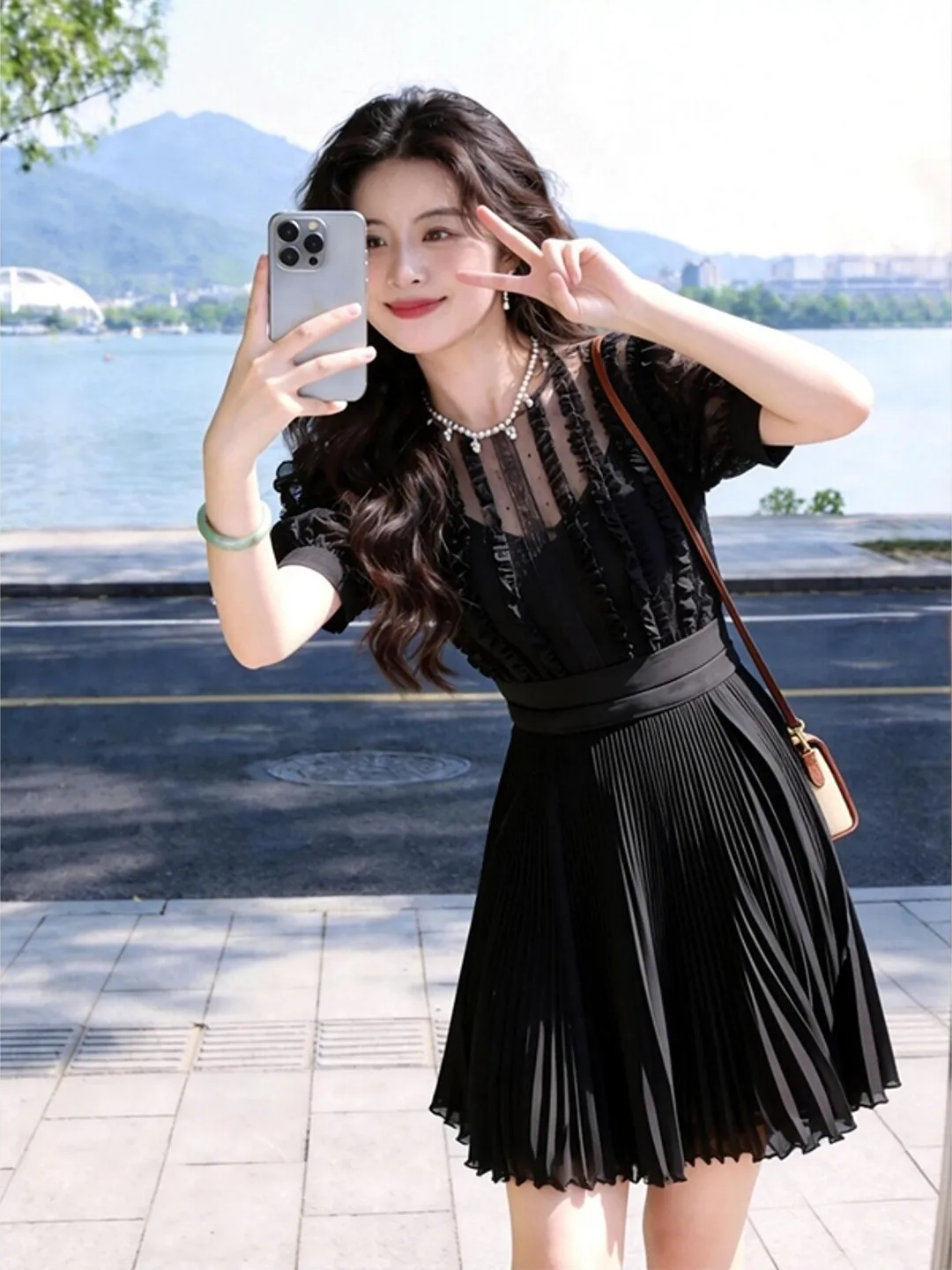 

Black Lace Dress Elegant Unique Spring Summer Slimming Hepburn Style Short Sleeve High Waist A-Line Skirt Breathable Comfortable