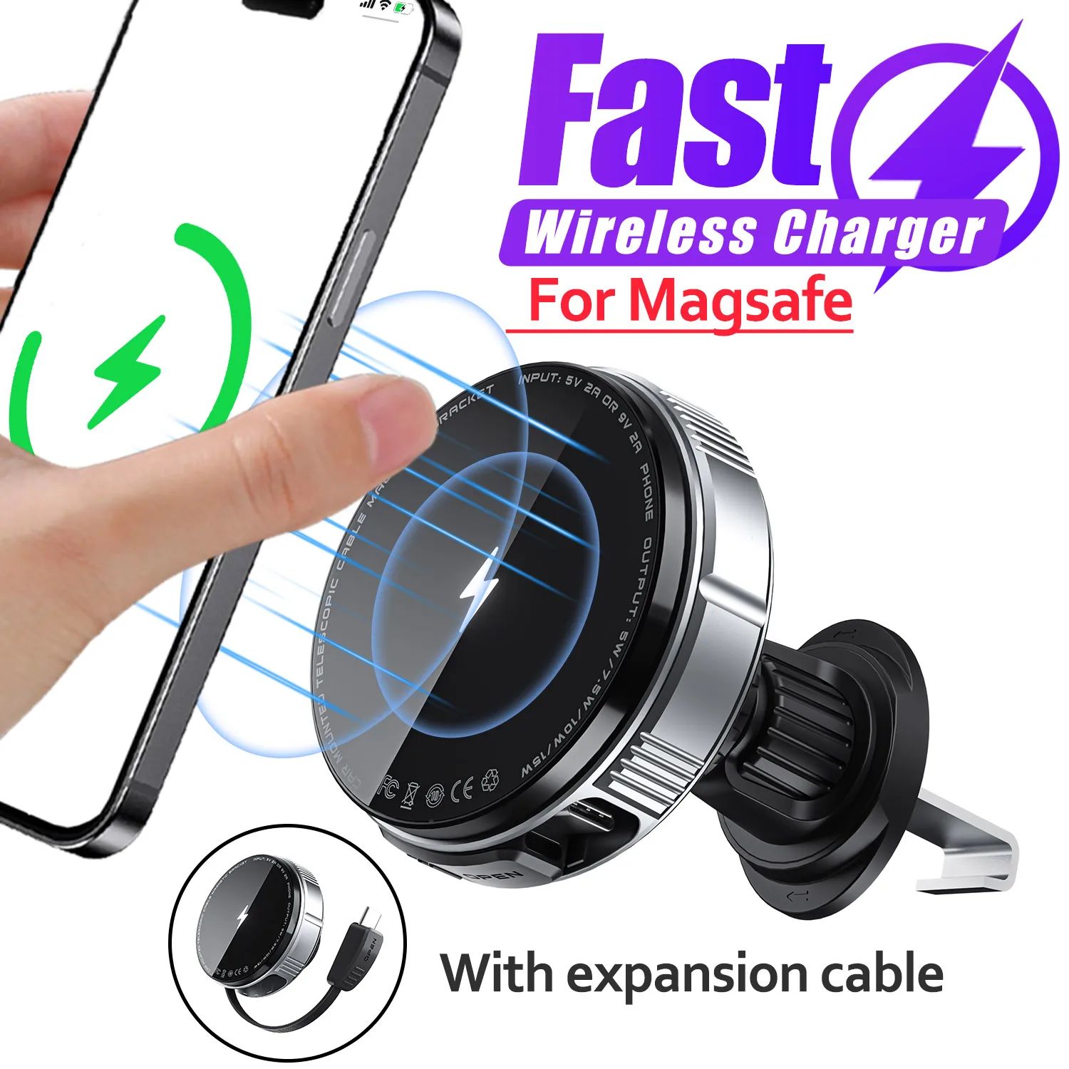 

Автомобильное магнитное беспроводное зарядное устройство 15 Вт, держатель для телефона с вентиляционным отверстием и кабелем 70 см для iPhone 17, 16, 15, 14, 13, 12, станция быстрой зарядки