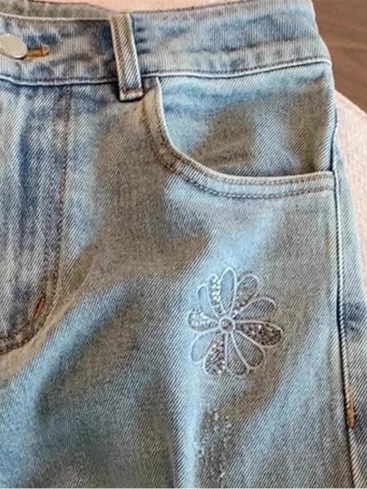 

Легкие прямые джинсы с высокой талией и вышивкой, женские утягивающие модные универсальные узкие брюки больших размеров из девяти частей