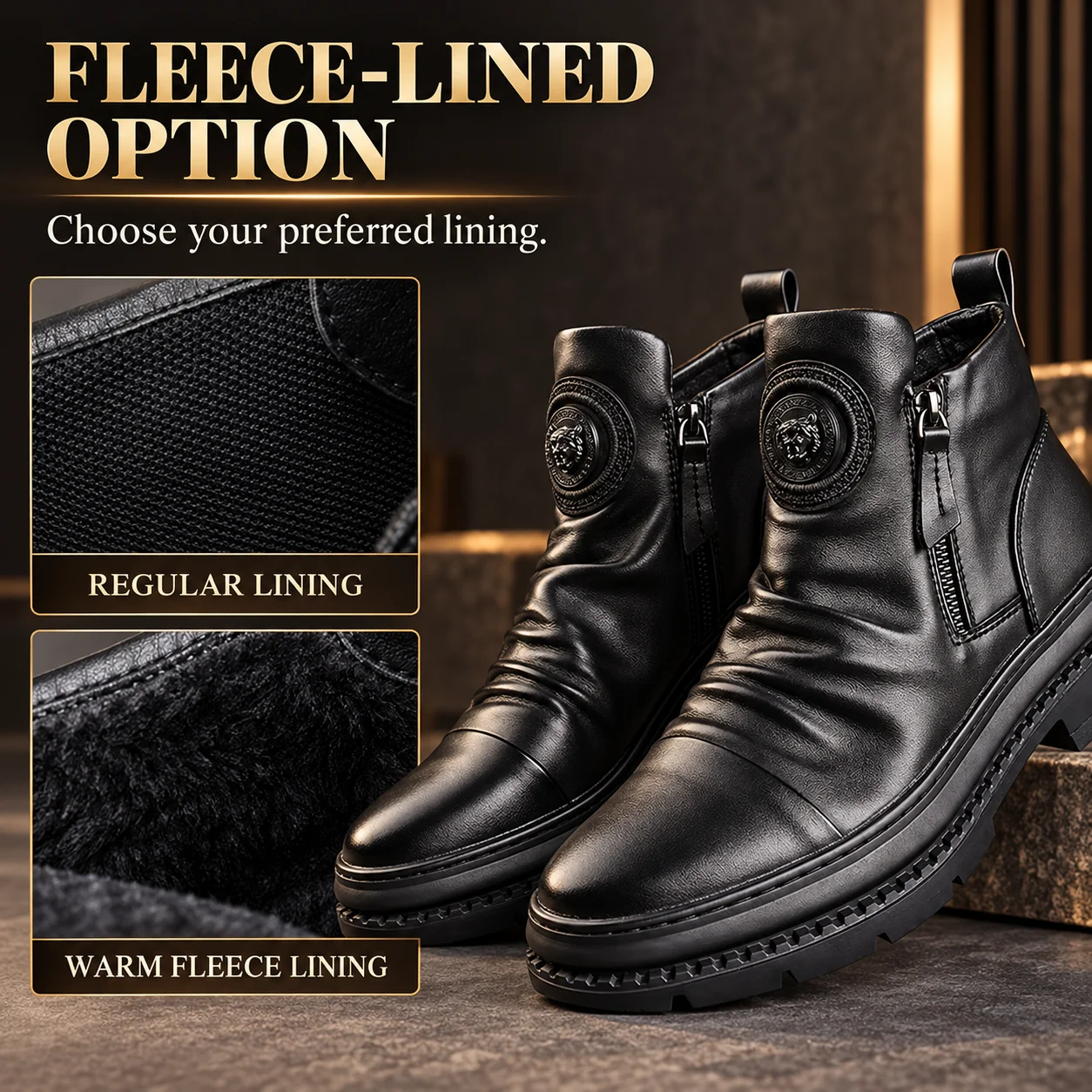Men's Luxury Leather Ankle Boots Plush Warm Winter Motorcycle Combat Boots Casual Platform Shoes Fashion Botas Hombre