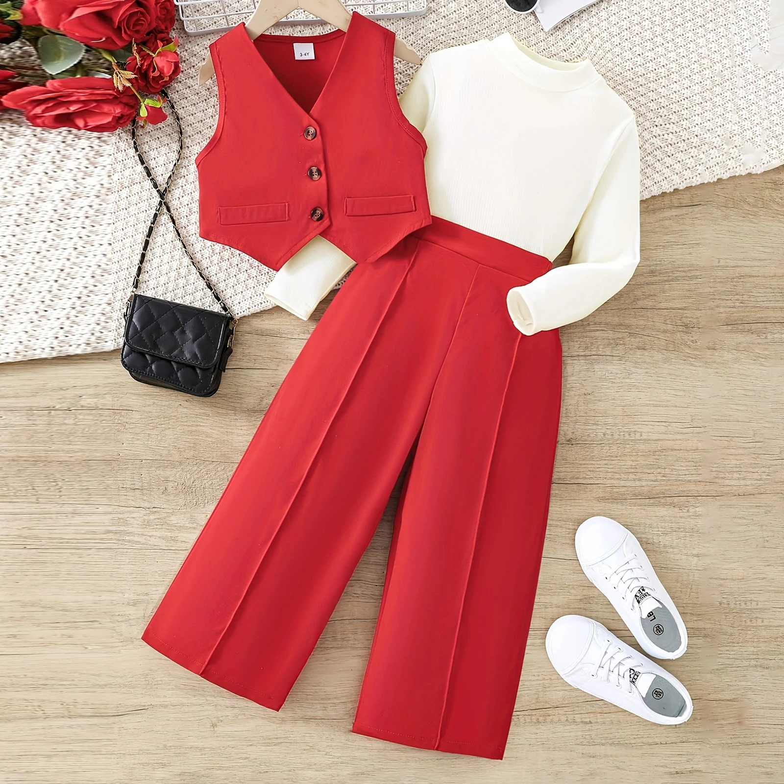 3-10Y Fashion Kid Girls Suit Outfit Solid Long Sleeve Tops Button-up Waistcoat Wide Leg Pants 3 Piece Set