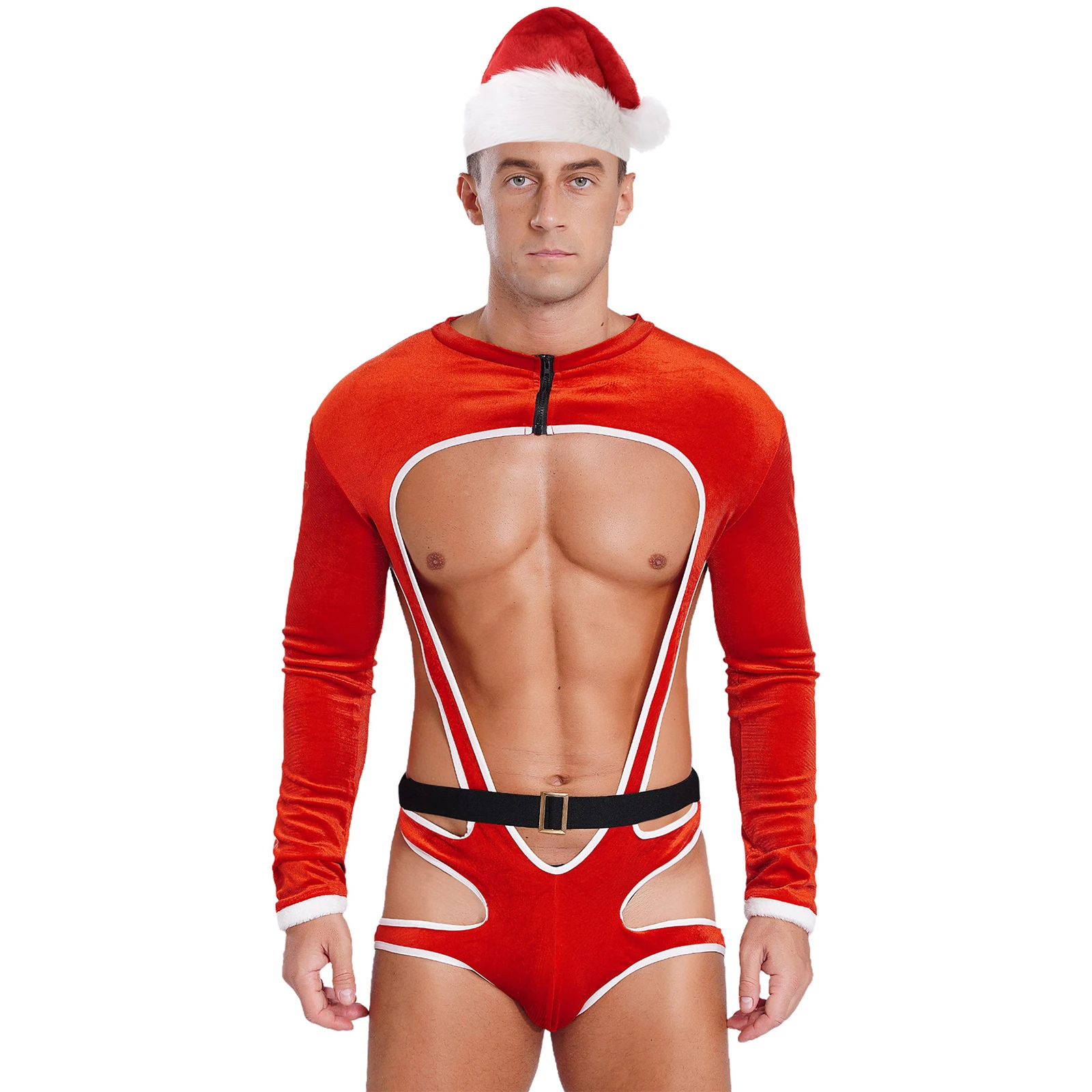 Costume da Babbo Natale sexy da uomo con cappello da Babbo Natale a maniche lunghe con stringhe Set da uomo Mankini Christmas Outfit