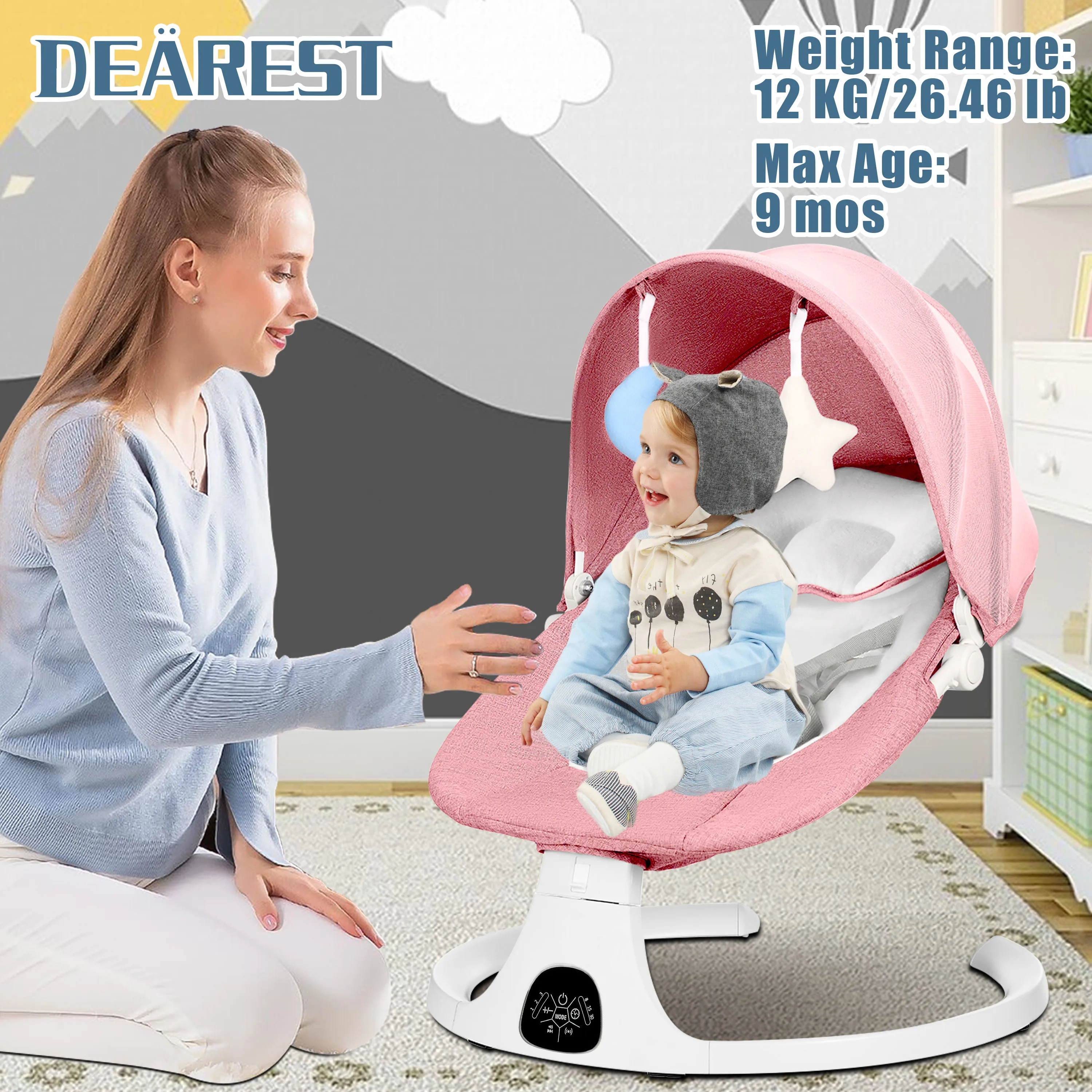 

Electric Baby Rocking Chair Built-in Music Tray Toys Mosquito Net 3 Angle Adjust 5 Swing Speeds Comfort