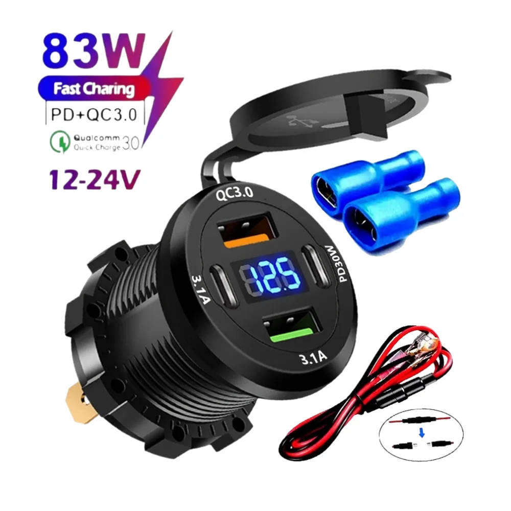 4 Ports Car Charger Socket Dual PD30W Type-C +QC3.0 USB 3.1A Waterproof Fast Charger with Voltmeter 12V 24V for Car Motorcycle