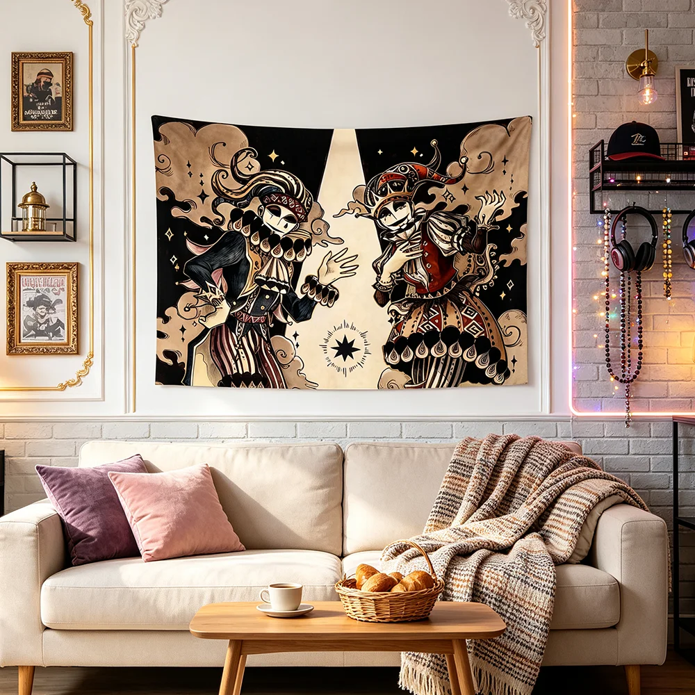 1PC Vintage Jester Clown Tapestry, Retro Harlequin Circus Print Wall Hanging, Dark Academia Background Cloth Home Decor