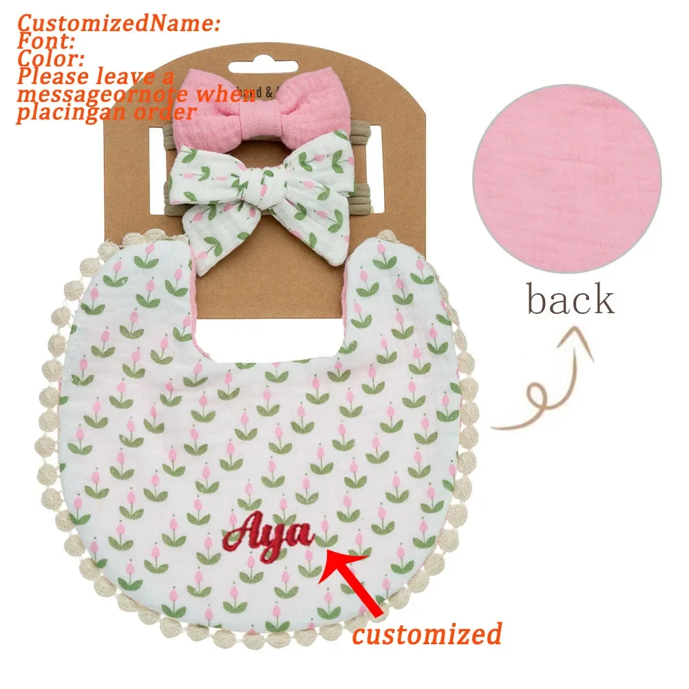 Custom Baby bib 3Pcs/Set Baby Flower Bibs & Headbands Bow Nylon Hairbands Saliva Towel Feeding Burp Cloth Scarf Newborn Headwear