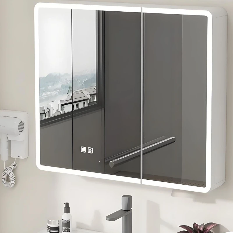 

LED Bathroom Mirror Smart Storage Cabinet Aerospace Aluminum Rounded Corner Makeup Shelf Tissue Slot Vanity Mirror Furniture