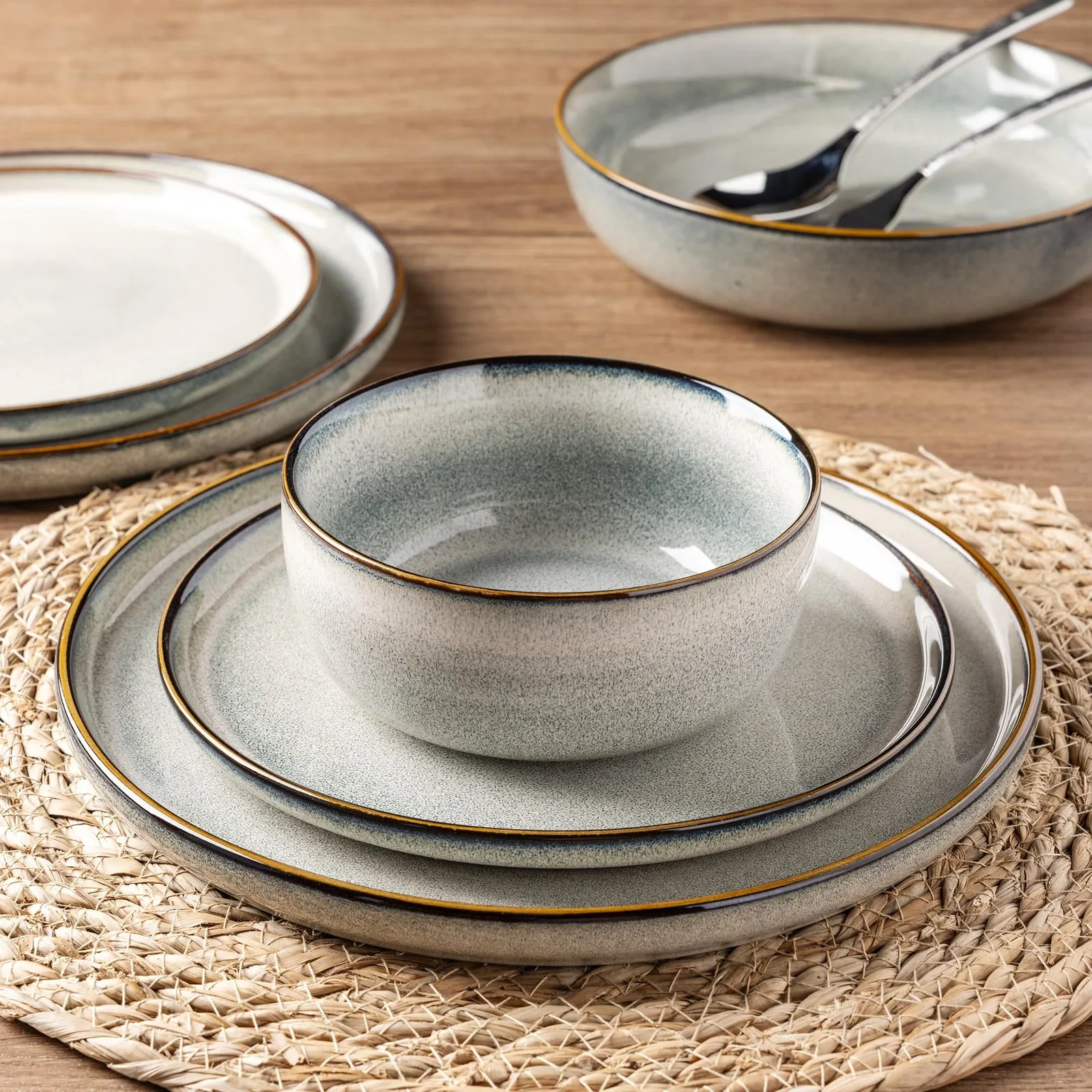 طقم أدوات مائدة سيراميك مكون من 12 قطعة طقم أواني طعام سيراميك مكون من 4 أطباق حجرية أوعية أدوات مائدة حديثة مثالية للاستخدام اليومي #5