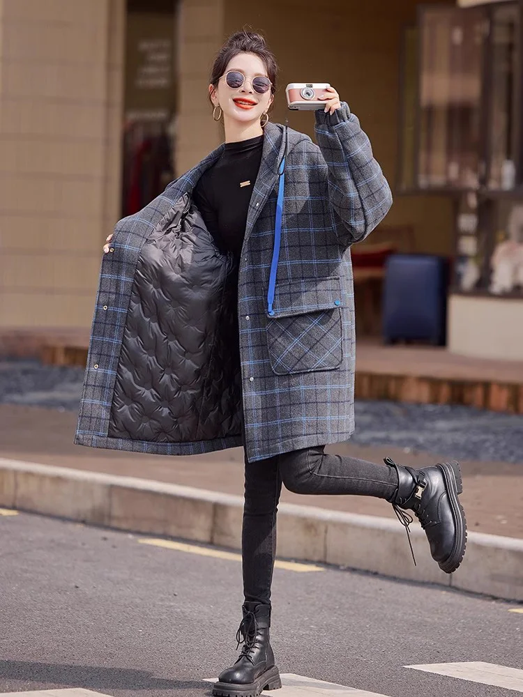 New Women Autumn Winter Down Liner Woolen Coat Fashion Hooded Wide-waisted Plaid Wool Blended Coat Casual Thick Warm Coat