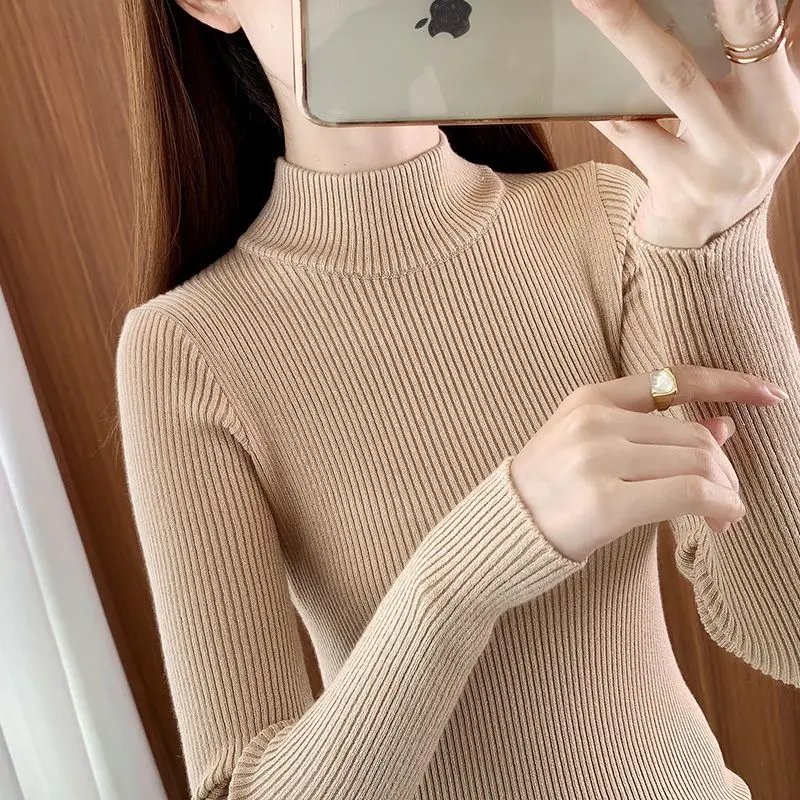 Women\'s Clothing Solid Color Pullover Long Sleeve Autumn Winter Turtleneck Screw Thread Sweater Knitted Elegant Fashionable Top