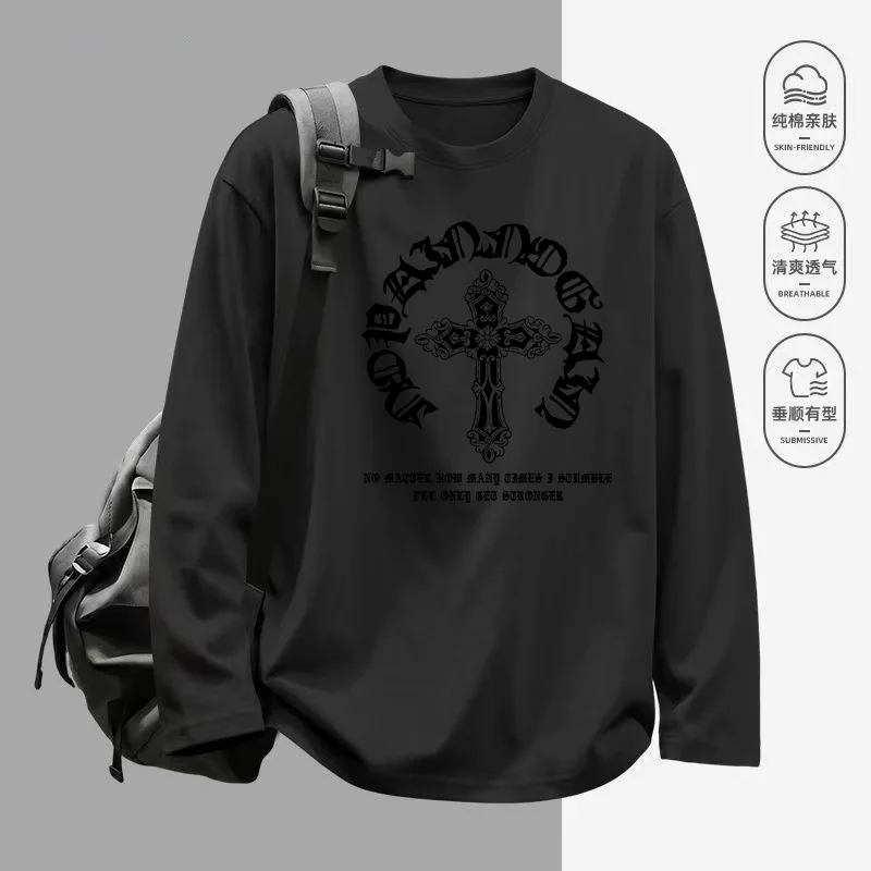 Herren Gothic Kreuzmuster Bedrucktes Langarm-T-Shirt aus 100% Baumwolle (230g) mit Rundhalsausschnitt, Lässiger Streetwear-Hoodie – Detail 3