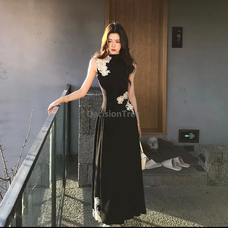 Spring autumn stylish hollow-out floral patchwork Chinese-style dress elegant slim leisure cheongsam sleeveless slit qipao